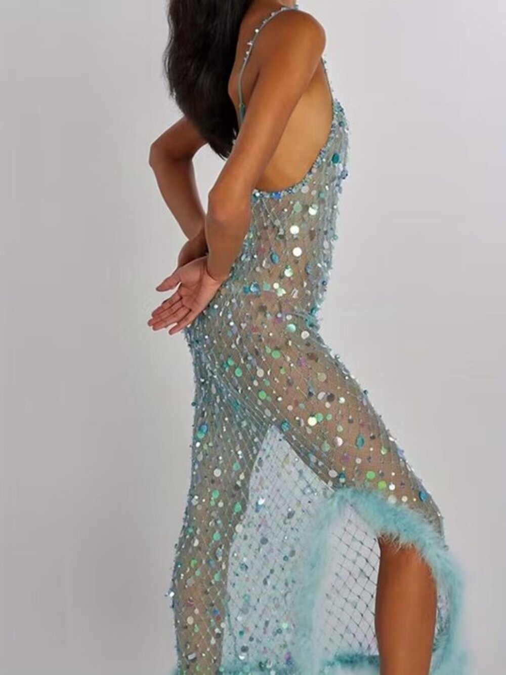 Sheer Sequin Bodycon Dress with Spaghetti Straps